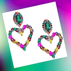 Green Colorful Rhinestone Heart Statement Earrings